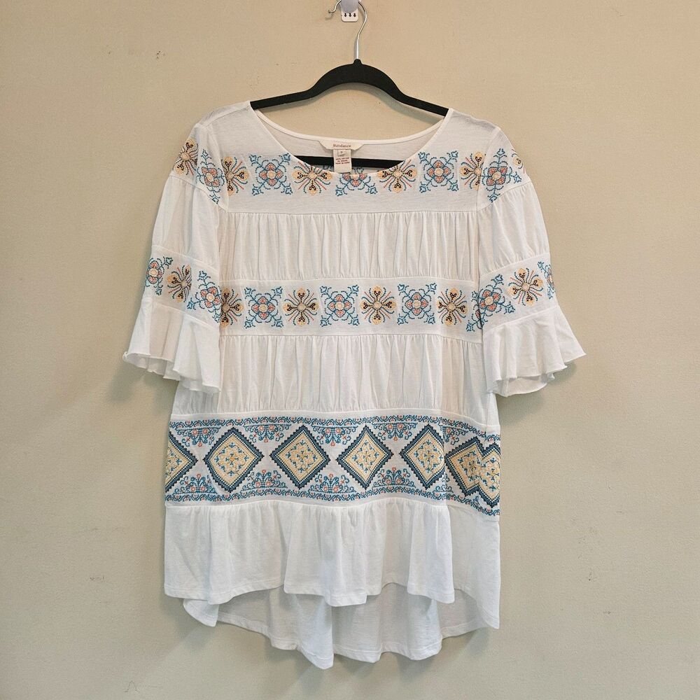 Sundance Cassandra Top Embroidered Tiered Ruffle Sleeves Boho Women Small White